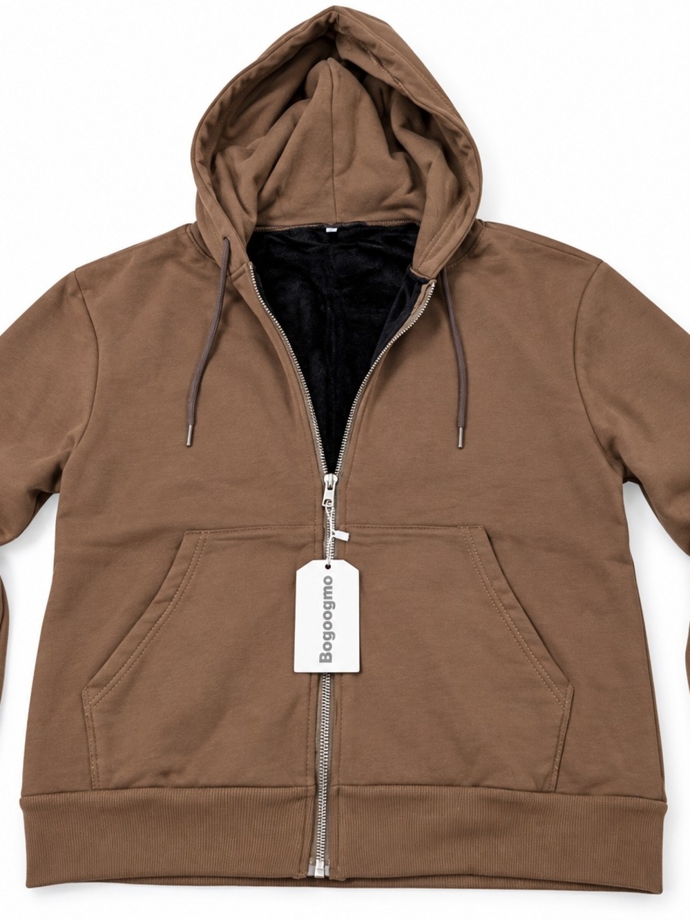 BOGOOGMO Men’s S Brown Faux Fur Lined Full Zip Hoodie Jacket NWT